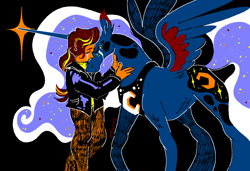 Size: 1280x875 | Tagged: safe, artist:msponies, princess luna, sunset shimmer, alicorn, human, pony, equestria girls, g4, black background, crying, duo, hug, simple background