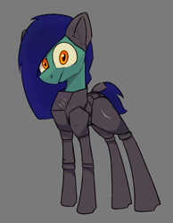 Size: 670x863 | Tagged: safe, artist:cotarsis, oc, oc only, earth pony, pony, ambiguous gender, armor, armored legs, blue mane, blue tail, colored sclera, ear fluff, earth pony oc, frown, gray background, green coat, leg armor, long legs, long mane, looking at you, orange eyes, simple background, sketch, solo, tail, thin legs, yellow sclera