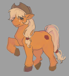 Size: 755x836 | Tagged: safe, artist:poselenets, applejack, pony, g4, female, freckles, gray background, hair tie, looking at you, mare, simple background, smiling, solo