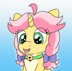 Size: 956x951 | Tagged: safe, artist:craftycirclepony, oc, oc only, oc:crafty circles, pony, unicorn, bell, bow, bust, collar, colored belly, female, filly, foal, freckles, gradient background, hair bow, happy, horn, looking down, not kettle corn, open mouth, smiling, solo