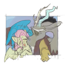 Size: 1167x1305 | Tagged: safe, artist:poselenets, discord, fluttershy, draconequus, pony, g4, blushing, cheek kiss, duo, eyes closed, female, frame break, kissing, male, panel, rough sketch, ship:discoshy, shipping, sketch, smiling, straight