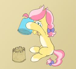 Size: 1569x1426 | Tagged: safe, artist:craftycirclepony, oc, oc only, oc:crafty circles, pony, unicorn, beach, bow, bucket, butt freckles, coat markings, colored belly, cute, female, filly, foal, freckles, hair bow, happy, hoof hold, horn, not kettle corn, open mouth, sand, sandcastle, simple background, sitting, smiling, socks (coat markings), solo, tail, tail bow