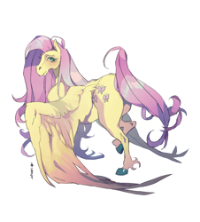 Size: 1944x2147 | Tagged: safe, artist:poselenets, fluttershy, pegasus, pony, g4, blushing, butt, female, flutterbutt, hoers, hoof fluff, large wings, looking at you, looking back, looking back at you, mare, plot, simple background, solo, spread wings, white background, wings