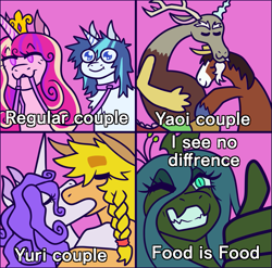 Size: 1013x1000 | Tagged: safe, artist:dapperlilarts, applejack, discord, princess cadance, queen chrysalis, rarity, shining armor, trouble shoes, alicorn, changeling, changeling queen, draconequus, earth pony, pony, unicorn, g4, collar, comic, eyebrows, eyebrows visible through hair, eyes closed, female, gay, grin, horn, kiss on the lips, kissing, leash, lesbian, looking at you, love is love meme, male, male pregnancy, mare, mouth hold, one eye closed, pet play, pregcord, pregnant, purple background, ship:rarijack, ship:shiningcadance, ship:troublecord, shipping, simple background, smiling, stallion, straight, text, thumbs up, wink, winking at you