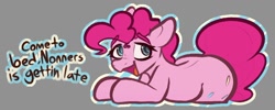 Size: 1080x431 | Tagged: safe, artist:newpone, pinkie pie, earth pony, pony, g4, dialogue, eyebrows, eyebrows visible through hair, female, implied anon, looking at you, mare, open mouth, open smile, simple background, smiling, solo, talking to viewer, text