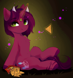 Size: 3427x3654 | Tagged: safe, alternate character, alternate version, artist:empress-twilight, oc, oc only, oc:brimstone bargin, pony, unicorn, cheek fluff, chest fluff, chips, commission, doritos, ear fluff, female, food, glowing, glowing horn, horn, levitation, looking at you, magic, magic aura, mare, multiple horns, sitting, smiling, smiling at you, solo, tail, telekinesis, tricorn, unicorn oc, ych result