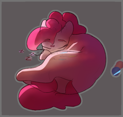 Size: 791x752 | Tagged: safe, artist:newpone, pinkie pie, earth pony, pony, g4, balloonbutt, butt, curled up, cute, diapinkes, eyebrows, eyebrows visible through hair, eyes closed, female, mare, onomatopoeia, plot, rear view, simple background, sleeping, solo, sound effects, zzz