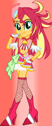 Size: 412x997 | Tagged: safe, artist:bender1567, artist:ketrin29, sunset shimmer, human, equestria girls, g4, alternate hairstyle, anime, base used, boots, clothes, cosplay, costume, crossover, cure flamingo, fingerless gloves, gloves, gradient background, hand on hip, high heel boots, looking at you, precure, red background, shoes, smiling, smiling at you, solo, tropical-rouge! pretty cure