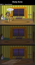 Size: 1920x3516 | Tagged: safe, artist:platinumdrop, derpy hooves, oc, oc:dusty hooves, comic:dusty acres, series:technoverse, 3 panel comic, bed, blanket, comic, commission, door, female, filly, foal, hat, night, sleeping, window, younger