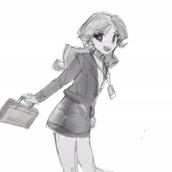 Size: 2048x2048 | Tagged: safe, artist:dusknebula, sunset shimmer, human, equestria girls, g4, briefcase, clothes, female, grayscale, id card, looking at you, monochrome, office lady, open mouth, simple background, sketch, skirt, skirt suit, smiling, solo, suit, white background