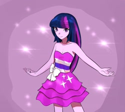 Size: 2048x1847 | Tagged: safe, artist:sugarcube269, twilight sparkle, human, equestria girls, g4, my little pony equestria girls, abstract background, armpits, bare shoulders, breasts, cleavage, clothes, dress, fall formal outfits, female, looking at you, redraw, scene interpretation, sleeveless, sleeveless dress, smiling, solo, sparkles, strapless, strapless dress, this is our big night