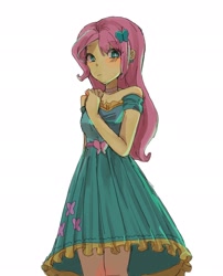 Size: 1656x2048 | Tagged: safe, artist:dusknebula, fluttershy, human, equestria girls, g4, bare shoulders, blushing, butterfly hairpin, clothes, dress, female, looking at you, simple background, solo, strapless, white background