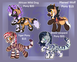 Size: 2505x2013 | Tagged: safe, artist:bluemoon, oc, oc only, unnamed oc, african wild dog, bat pony, big cat, cat, cat pony, dog, dog pony, earth pony, hybrid, leopard, original species, pony, snow leopard, tiger, tiger pony, unicorn, adoptable, advertisement, african wild dog pony, back fluff, bat wings, blue mouth, blue tongue, cat tail, cheek fluff, coat markings, colored muzzle, colored pinnae, colored wings, commission info, cyan eyes, design, dog tail, ear tufts, female, folded wings, golden eyes, gradient mane, group, horn, hybrid oc, lavender background, leopard pony, male, maned wolf, maned wolf pony, mare, obtrusive watermark, open mouth, orange eyes, pale belly, passepartout, paws, purple background, purple eyes, purple mouth, quartet, raised paw, sale, snow leopard pony, socks (coat markings), stallion, stripes, tail, unshorn fetlocks, watermark, wings, yellow eyes