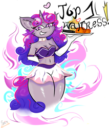 Size: 2040x2400 | Tagged: safe, artist:spirit-fireheart, oc, oc only, unicorn, anthro, belly, belly button, cheek fluff, clothes, ear fluff, female, happy, heart, horn, mare, midriff, shoulder fluff, simple background, skirt, smiling, solo, text, title, waitress