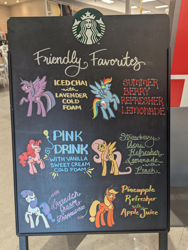 Size: 3072x4080 | Tagged: safe, applejack, fluttershy, pinkie pie, rainbow dash, rarity, twilight sparkle, alicorn, earth pony, pegasus, unicorn, g4, chalkboard, female, horn, mane six, mare, photo, starbucks, traditional art, twilight sparkle (alicorn)