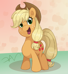 Size: 1385x1500 | Tagged: safe, artist:swasfews, applejack, earth pony, pony, g4, applejack's hat, cowboy hat, cute, eye clipping through hair, female, freckles, happy, hat, jackabetes, looking at you, mare, open mouth, open smile, simple background, smiling, smiling at you, solo