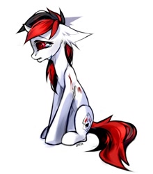 Size: 828x939 | Tagged: safe, artist:zubias, oc, oc only, oc:blackjack, pony, unicorn, fallout equestria, fallout equestria: project horizons, blood, crying, ear fluff, fanfic art, female, horn, mare, red eyes, simple background, small horn, solo, unicorn oc, white background