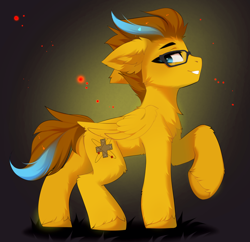 Size: 4164x4036 | Tagged: safe, artist:empress-twilight, oc, oc only, oc:particle haze, pegasus, pony, abstract background, butt, cheek fluff, chest fluff, commission, cute, ear fluff, eyebrows, floppy ears, folded wings, glasses, leg fluff, male, plot, profile, raised hoof, side view, simple background, smiling, smirk, solo, stallion, tail, wings, ych result