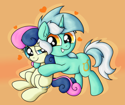 Size: 3679x3105 | Tagged: safe, artist:background basset, bon bon, lyra heartstrings, sweetie drops, earth pony, pony, unicorn, g4, adorabon, cute, duo, duo female, female, gradient background, happy, heart, horn, hug, lesbian, lyra and bon bon day, lyrabetes, ship:lyrabon, shipping, smiling