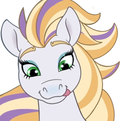 Size: 1280x1280 | Tagged: safe, artist:cupute, edit, horse, :p, barely pony related, bust, discord server, ears up, emotes, equine, eyebrows, finley (wild manes), looking down, multicolored hair, portrait, purple mane, raised eyebrow, simple background, smiling, solo, tongue out, transparent background, white coat, wild manes, yellow mane