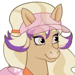 Size: 1280x1280 | Tagged: safe, artist:cupute, edit, horse, bailey (wild manes), barely pony related, blonde hair, blonde mane, blurry, bust, clothes, concerned, discord server, emotes, equine, gritted teeth, hat, looking to the left, multicolored hair, pink eyes, portrait, purple mane, simple background, solo, tan coat, teeth, transparent background, wild manes