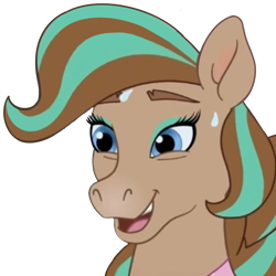 Size: 1280x1280 | Tagged: safe, artist:cupute, edit, earth pony, horse, barely pony related, blue eyes, bowtie, brown coat, brown mane, bust, clothes, cocoa (wild manes), discord server, emotes, equine, holding cheek, looking at you, multicolored hair, nervous, nervous smile, open mouth, portrait, purple mane, scared, simple background, smiling, solo, sweat, sweatdrop, sweatdrops, transparent background, wild manes, worried