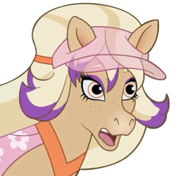 Size: 1280x1280 | Tagged: safe, artist:cupute, edit, horse, bailey (wild manes), barely pony related, blonde hair, blonde mane, blurry, bust, clothes, concerned, emotes, equine, hat, looking at you, multicolored hair, pink eyes, portrait, purple mane, screencap for another series, simple background, solo, tan coat, transparent background, visor, wild manes