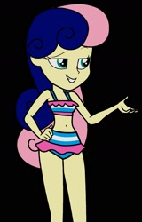 Size: 981x1536 | Tagged: safe, artist:dragonkingamn, bon bon, sweetie drops, equestria girls, g4, attached skirt, belly, belly button, bikini, black background, clothes, clothes swap, eyebrows, grin, hand on hip, hand out, lyra heartstrings swimsuit, midriff, raised eyebrow, simple background, skirt, smiling, solo, striped swimsuit, swimsuit, swimsuit swap, teeth