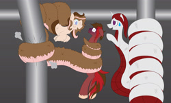 Size: 4425x2655 | Tagged: safe, alternate version, artist:billy2345, oc, oc only, oc:boltblood thundercloud, oc:cookie fluff, oc:ruby scales, lamia, original species, coils, constriction, danger noodles, female, high res, hypnosis, male, mare, nervous, nervous smile, one eye closed, pipe (plumbing), smiling, stallion, sweat, sweatdrop, tail, tail wrap, wink