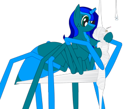 Size: 1968x1730 | Tagged: safe, artist:billy2345, oc, oc only, oc:amberlue, oc:percy, drider, earth pony, monster pony, original species, pony, spiderpony, unicorn, cocoon, duo, duo female, earth pony oc, female, glasses, heart, horn, mare, mummification, not a vector, simple background, smiling, spider web, story included, transparent background, unicorn oc, wrapped up, wrapping