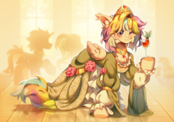 Size: 5000x3504 | Tagged: safe, artist:dedfriend, oc, oc only, pegasus, pony, unicorn, carrot, chest fluff, clothes, dress, drink, food, herbivore, horn, jewelry, pegasus oc, signature, solo focus