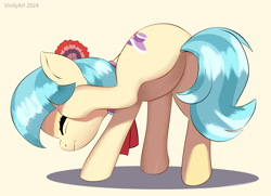 Size: 2310x1671 | Tagged: safe, artist:vinilyart, coco pommel, earth pony, pony, g4, behaving like a dog, butt, cocobetes, cute, dock, ear scratch, eyes closed, featureless crotch, female, hatbutt, mare, plot, simple background, solo, tail
