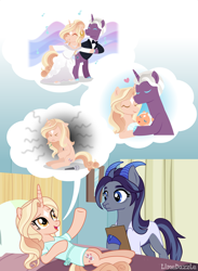 Size: 2160x2944 | Tagged: safe, artist:limedazzle, oc, oc only, oc:lena, oc:stuart, oc:victoria, goat, goat pony, pony, unicorn, bed, clipboard, dancing, duo focus, female, horn, hospital bed, mare, microphone, music notes