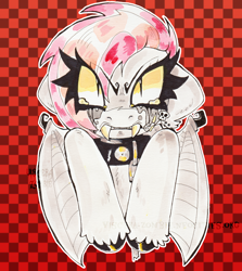 Size: 2550x2853 | Tagged: safe, artist:maniczombiedreamgirl, oc, oc only, oc:burnout (parupparu), bat pony, 2024, angry, artfight, black hooves, chains, checkered background, chest fluff, collar, crying, ear fluff, ear piercing, earring, fangs, female, floppy ears, gray coat, hooves together, jewelry, leg fluff, lightly watermarked, looking at you, makeup, nose wrinkle, patterned background, piercing, raised hooves, red mane, running makeup, skull, slit pupils, solo, spiked collar, traditional art, unshorn fetlocks, watercolor painting, watermark, wings