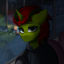 Size: 2000x2000 | Tagged: safe, artist:alunedoodle, oc, oc only, oc:blobel, pony, unicorn, bust, clothes, hoodie, horn, looking at you, male, portrait, rain, reflection, sad, solo, two toned mane, window