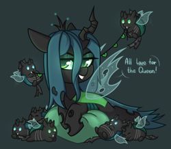 Size: 2481x2159 | Tagged: safe, artist:lazycloud, queen chrysalis, changeling, changeling queen, pony, g4, chibi, chubbie, cute, cutealis, cuteling, grin, lying down, prone, smiling, solo, speech bubble, text