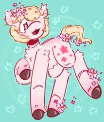 Size: 1548x1810 | Tagged: safe, artist:tottallytoby, oc, oc only, oc:sakurako, earth pony, pony, abstract background, artfight, belly fluff, blonde mane, blonde tail, blushing, bobcut, brown hooves, cherry blossoms, chest fluff, colored, colored hooves, ear tufts, facial markings, female, flat colors, flower, flower blossom, flower in hair, flower in tail, gift art, gradient legs, hock fluff, hooves, leg fluff, looking down, mare, open mouth, open smile, pink coat, pink eyes, raised hoof, raised leg, shiny hooves, short hair, short mane, short tail, shoulder fluff, smiling, solo, standing on two hooves, tail, thin legs, unshorn fetlocks, wavy tail, white pupils