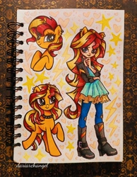Size: 3072x3960 | Tagged: safe, artist:dariarchangel, sunset shimmer, human, pony, unicorn, equestria girls, g4, my little pony equestria girls: friendship games, boots, bust, choker, clothes, cute, denim, ear piercing, earring, female, hand on chin, horn, human coloration, human ponidox, jeans, jewelry, long hair, makeup, mare, pants, photo, piercing, ponied up, portrait, raised hoof, self paradox, self ponidox, shimmerbetes, shoes, sketchbook, solo, standing on two hooves, stars, tail, traditional art, two toned hair, two toned mane, two toned tail