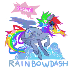 Size: 653x631 | Tagged: safe, artist:cutesykill, rainbow dash, pegasus, pony, g4, alternate design, alternate eye color, alternate hairstyle, blue coat, blue text, butt, cloud, colored pinnae, female, flying, frown, frowning at you, goggles, goggles on head, hair accessory, long legs, long mane, long tail, looking at you, mane accessory, mare, multicolored hair, multicolored mane, multicolored tail, narrowed eyes, partially open wings, plot, purple eyes, rainbow douche, rainbow hair, rainbow tail, raised hoof, raised leg, simple background, slit pupils, solo, sparkly mane, sparkly tail, speech bubble, spiky mane, tail, tail accessory, tall ears, text, thin, thin legs, white background, white text, wings, yelling