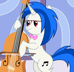 Size: 928x900 | Tagged: safe, artist:seb2112, dj pon-3, vinyl scratch, pony, unicorn, g4, bipedal, bow (instrument), bowtie, cello, cello bow, female, horn, musical instrument, red eyes, role reversal, solo, vinyl class