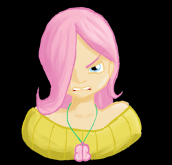 Size: 709x680 | Tagged: safe, artist:qaxis, fluttershy, human, g4, black background, flutterrage, hair over one eye, humanized, jewelry, necklace, pink hair, simple background, solo