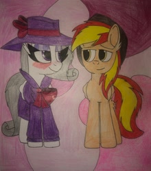 Size: 2712x3088 | Tagged: safe, artist:mlptmntfan2000, oc, oc only, oc:firey ratchet, oc:oliver spade, pegasus, bedroom eyes, clothes, duo, duo male and female, fedora, female, hat, male, traditional art, trenchcoat