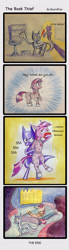 Size: 1280x4647 | Tagged: safe, artist:boundpup, rainbow dash, twilight sparkle, pegasus, pony, unicorn, g4, 4 panel comic, arm behind back, bag, bed, bedroom bondage, bipedal, bondage, book, bookshelf, bound and gagged, catsuit, caught, chloroform, cloth gag, clothes, comic, daring do book, dialogue, duo, duo female, emanata, exclamation point, eyes closed, female, floppy ears, gag, golden oaks library, high res, horn, horn ring, inhibitor ring, knocked out, library, magic suppression, muffled words, ninja, on bed, onomatopoeia, open mouth, over the nose gag, pajamas, restrained, ring, robbery, rope, rope bondage, saddle bag, shhh, silhouette, sleeping, sleepwear, socks, sound effects, story included, table, thief, tied up, traditional art, unicorn twilight, zzz
