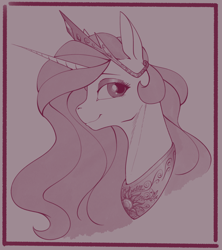 Size: 1200x1350 | Tagged: safe, artist:stray prey, princess celestia, pony, g4, bust, female, jewelry, mare, monochrome, portrait, profile, regalia, smiling, solo, sternocleidomastoid