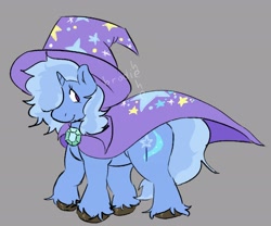 Size: 3000x2500 | Tagged: safe, artist:brodiehehe, trixie, pony, unicorn, g4, cape, clothes, female, gray background, hat, horn, mare, simple background, smiling, solo, trixie's cape, trixie's hat, unshorn fetlocks