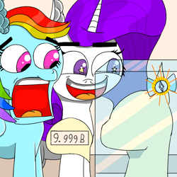 Size: 1500x1500 | Tagged: safe, artist:icycrymelon, rainbow dash, rarity, pegasus, pony, unicorn, g4, duo, duo female, expensive, female, happy, horn, jewelry, open mouth, smiling, sparkling, starry eyes, surprised, wingding eyes