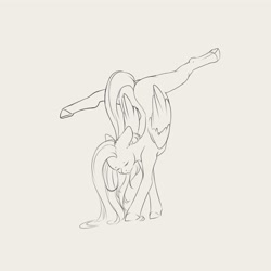 Size: 4000x4000 | Tagged: safe, artist:miokomata, fluttershy, pegasus, pony, g4, black and white, butt, ears back, eyes closed, female, flexible, flutterbutt, frog (hoof), grayscale, handstand, lineart, mare, monochrome, plot, simple background, solo, splits, underhoof, upside down, white background