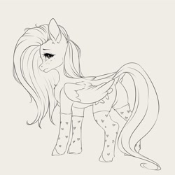 Size: 4000x4000 | Tagged: safe, artist:miokomata, fluttershy, pegasus, pony, g4, black and white, butt, clothes, concave belly, cute, female, flutterbutt, freckles, freckleshy, grayscale, heart print, lineart, mare, monochrome, plot, shyabetes, simple background, socks, solo, white background