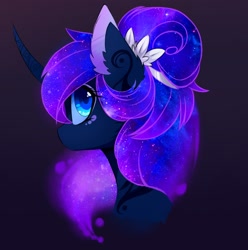 Size: 1758x1772 | Tagged: safe, artist:magnaluna, princess luna, alicorn, pony, g4, alternate hairstyle, beautiful, bust, color porn, colored pupils, curved horn, cute, ear fluff, ethereal mane, eyeshadow, female, flower, flower in hair, galaxy mane, gradient background, hair bun, horn, looking back, lunabetes, makeup, mare, portrait, profile, purple background, simple background, solo