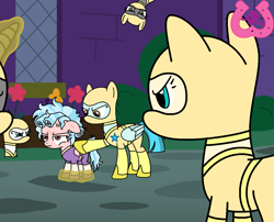 Size: 1211x978 | Tagged: safe, artist:author92, edit, edited screencap, screencap, cozy glow, guardian angel (g4), earth pony, pegasus, pony, unicorn, g4, caught, cropped, horn, karma, magic, ninja, punish the villain, restrained, royal guard, telekinesis